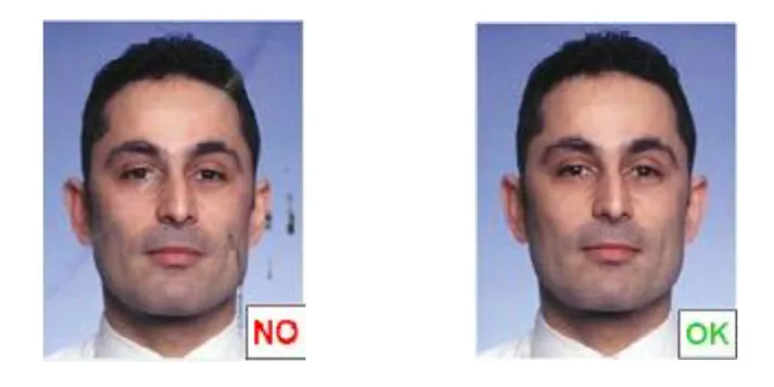 Example: photo with earring not allowed, correct photo allowed
